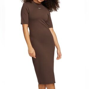 Nike Brown Midi Bodycon Dress with Short Sleeves, Brown, Size Small